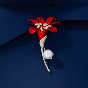 Stunning Red Floral Brooch with Pearl Detail NWT!